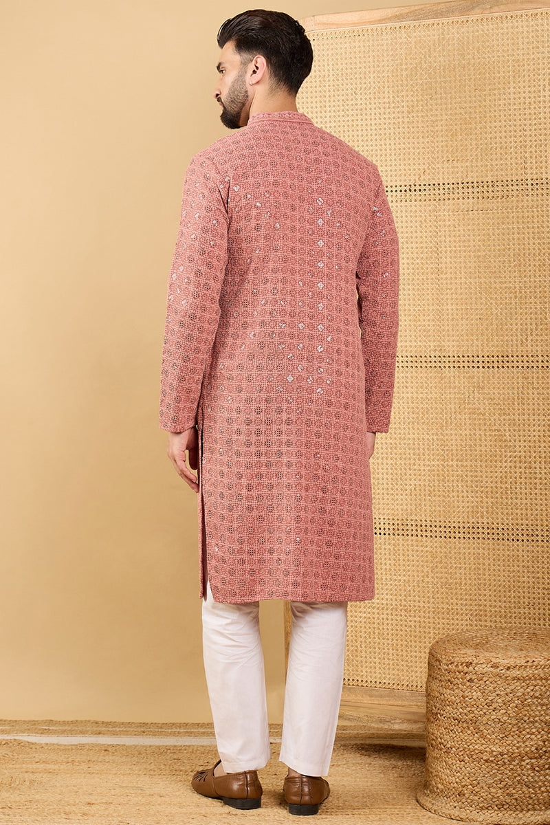 Rust Red Viscose Rayon Solid Embroidered Straight Chikankari Kurta | SHOBITAM