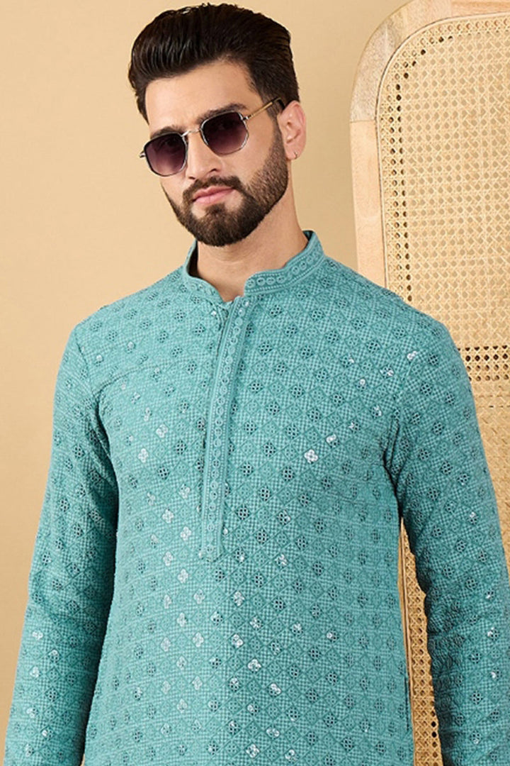 Turquoise Blue Viscose Rayon Solid Embroidered Straight Chikankari Kurta | SHOBITAM