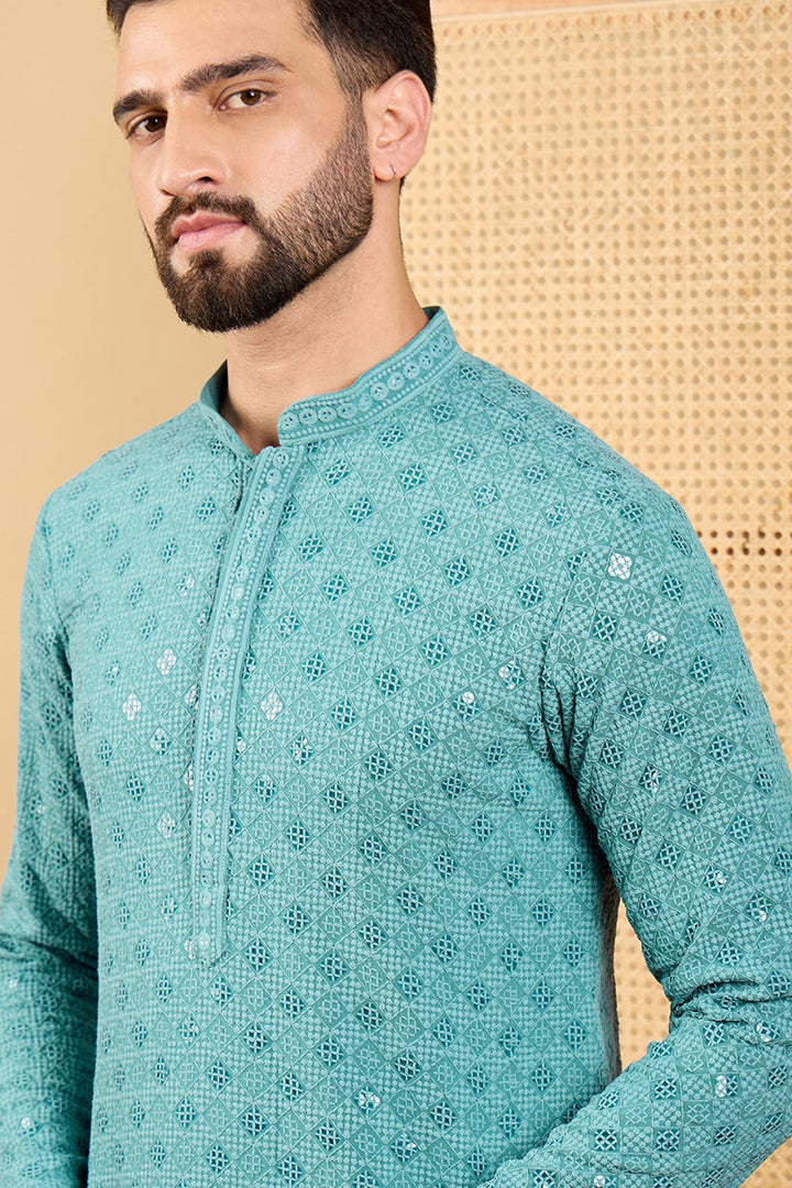 Turquoise Blue Viscose Rayon Solid Embroidered Straight Chikankari Kurta | SHOBITAM