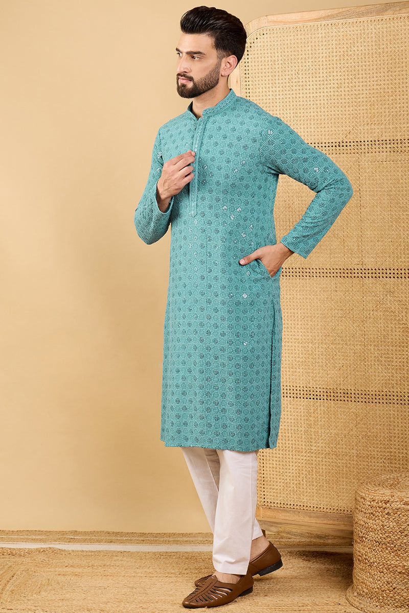 Turquoise Blue Viscose Rayon Solid Embroidered Straight Chikankari Kurta | SHOBITAM