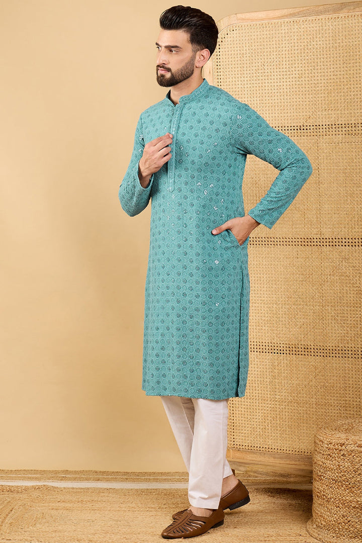 Turquoise Blue Viscose Rayon Solid Embroidered Straight Chikankari Kurta | SHOBITAM