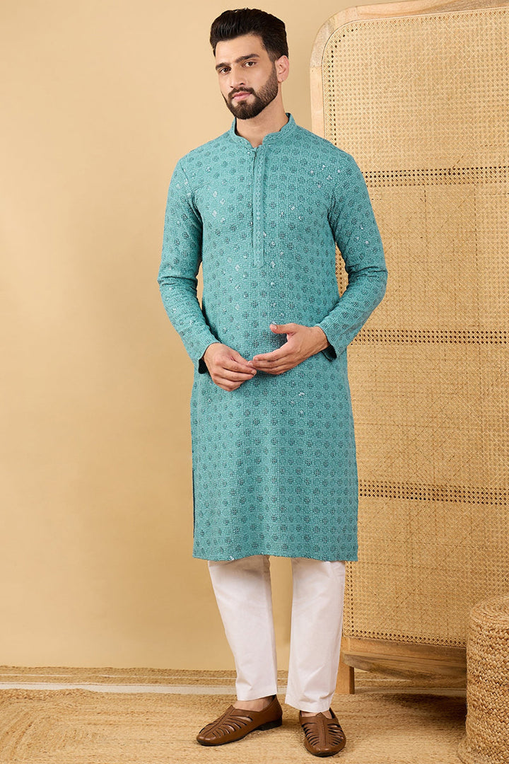 Turquoise Blue Viscose Rayon Solid Embroidered Straight Chikankari Kurta | SHOBITAM