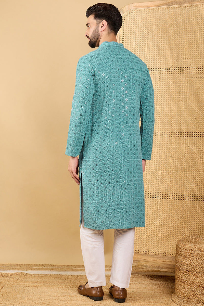 Turquoise Blue Viscose Rayon Solid Embroidered Straight Chikankari Kurta | SHOBITAM