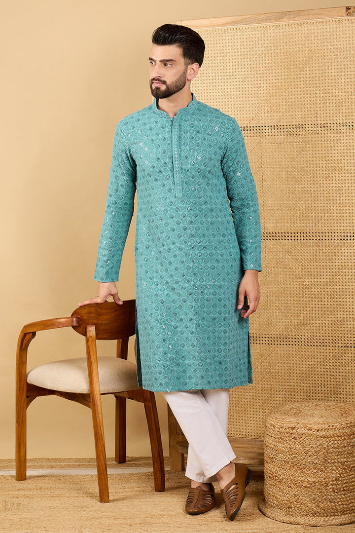 Turquoise Blue Viscose Rayon Solid Embroidered Straight Chikankari Kurta | SHOBITAM