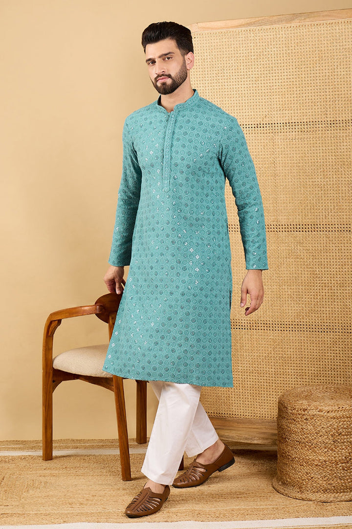Turquoise Blue Viscose Rayon Solid Embroidered Straight Chikankari Kurta | SHOBITAM