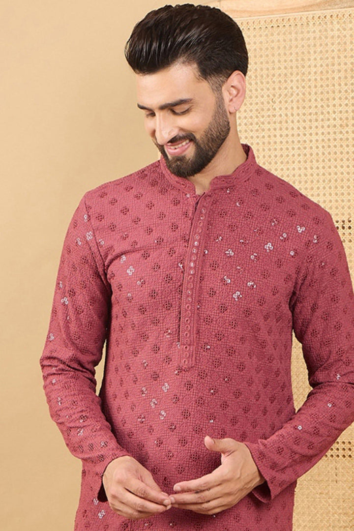 Red Viscose Rayon Solid Embroidered Straight Chikankari Kurta | SHOBITAM