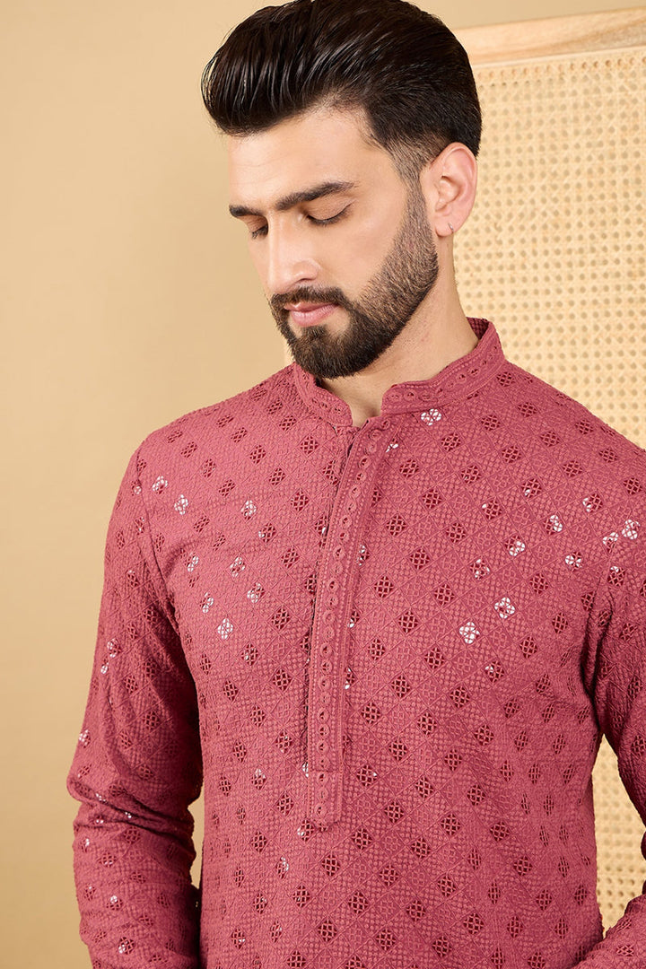 Red Viscose Rayon Solid Embroidered Straight Chikankari Kurta | SHOBITAM