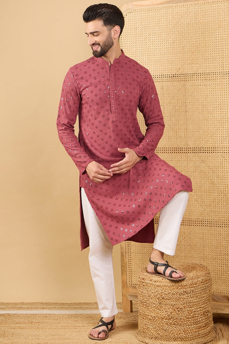Red Viscose Rayon Solid Embroidered Straight Chikankari Kurta | SHOBITAM