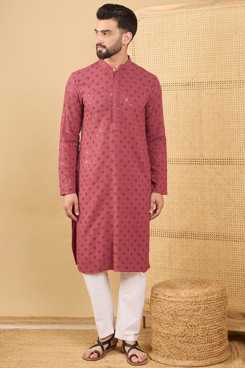 Red Viscose Rayon Solid Embroidered Straight Chikankari Kurta | SHOBITAM
