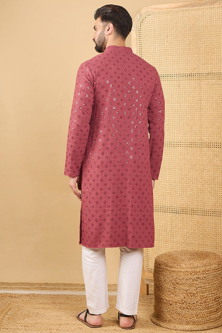 Red Viscose Rayon Solid Embroidered Straight Chikankari Kurta | SHOBITAM