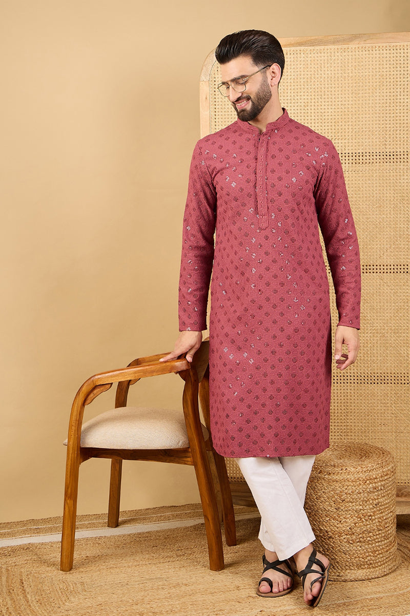 Red Viscose Rayon Solid Embroidered Straight Chikankari Kurta | SHOBITAM