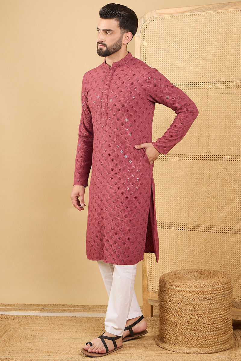 Red Viscose Rayon Solid Embroidered Straight Chikankari Kurta | SHOBITAM