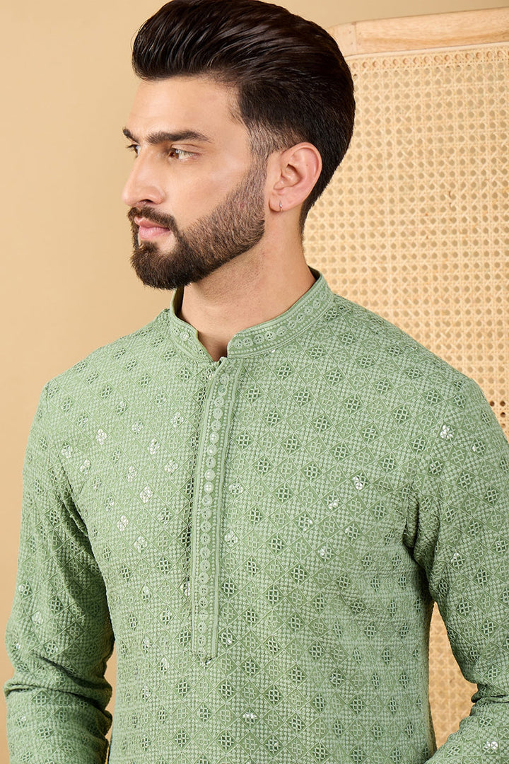 Green Viscose Rayon Solid Embroidered Straight Chikankari Kurta MKU1058