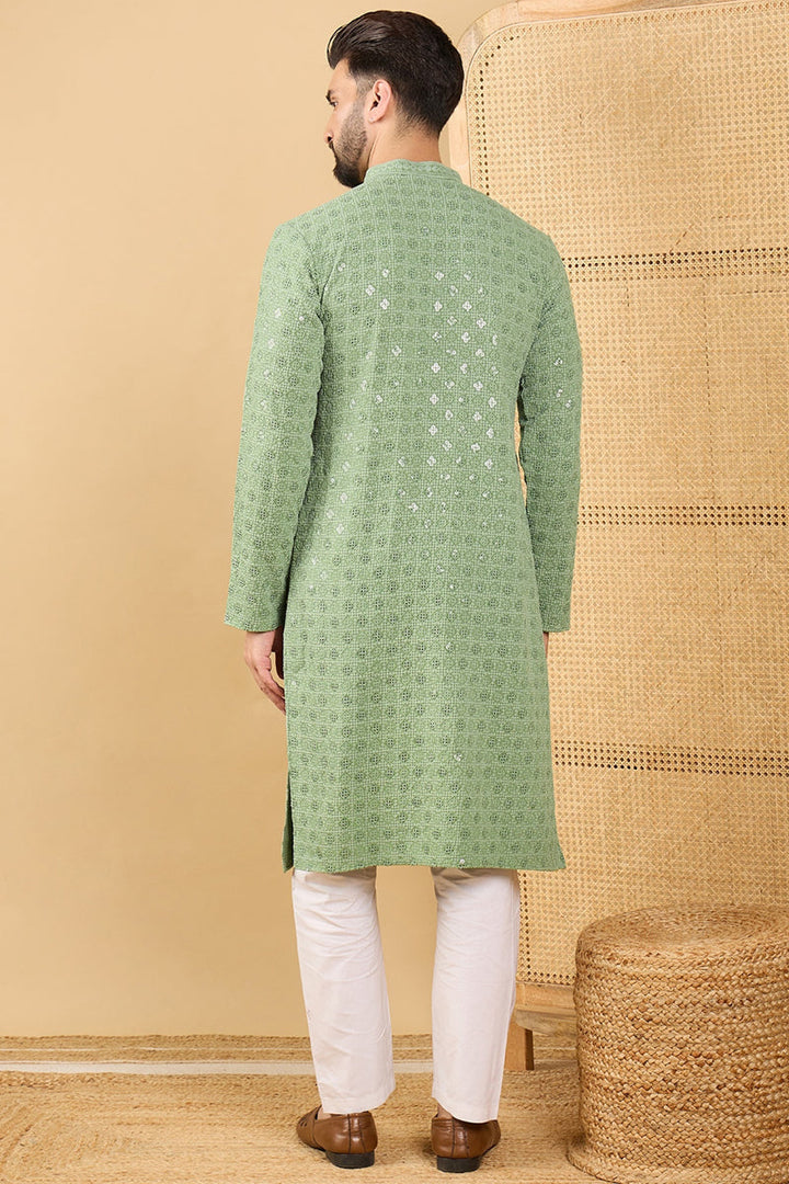 Green Viscose Rayon Solid Embroidered Straight Chikankari Kurta MKU1058