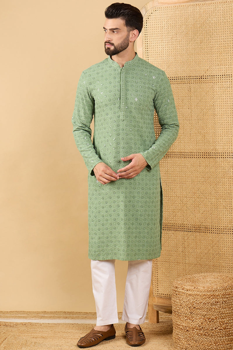Green Viscose Rayon Solid Embroidered Straight Chikankari Kurta MKU1058