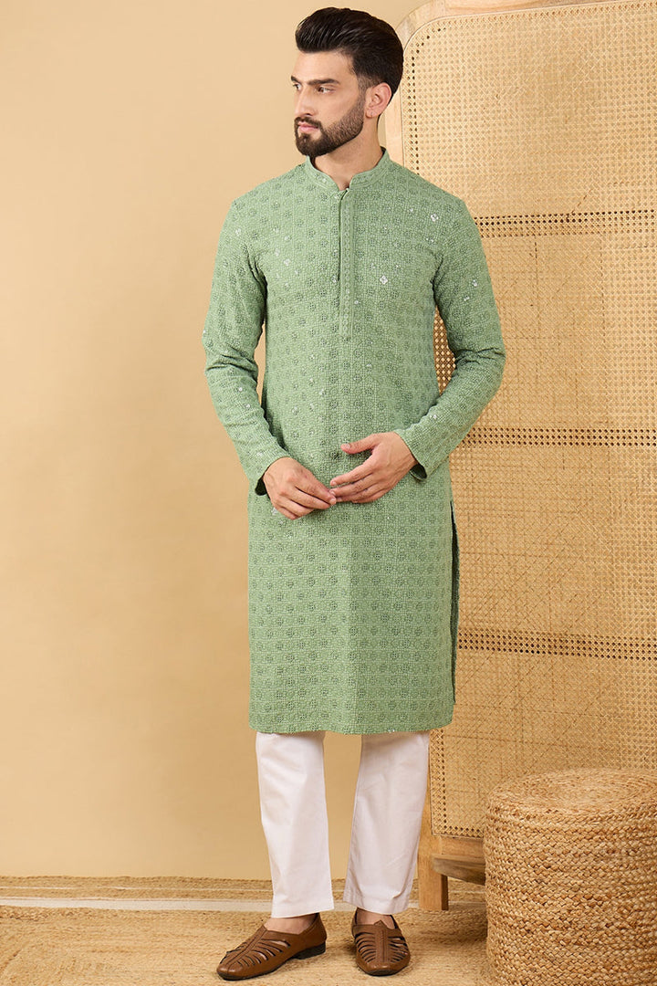Green Viscose Rayon Solid Embroidered Straight Chikankari Kurta MKU1058