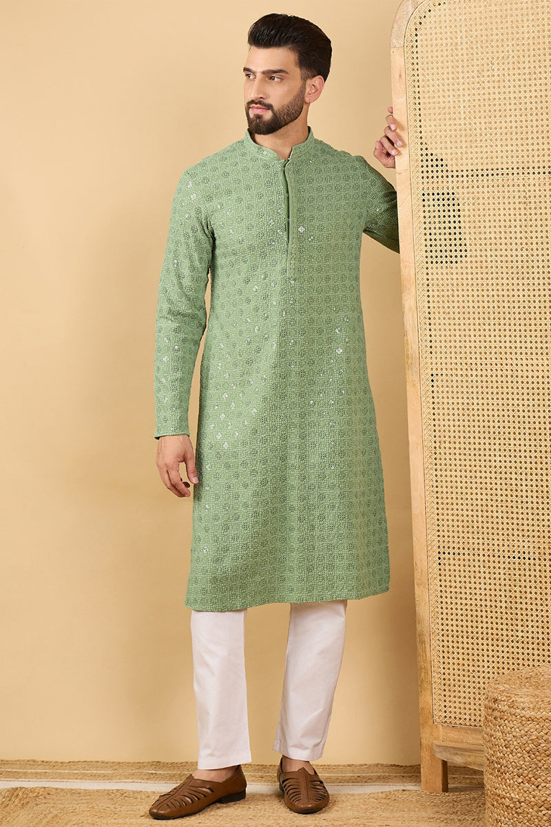 Green Viscose Rayon Solid Embroidered Straight Chikankari Kurta MKU1058