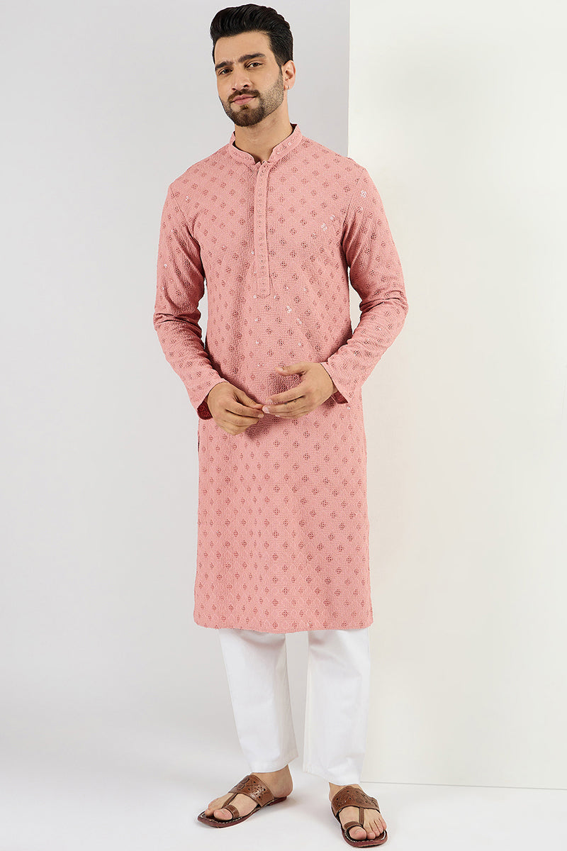 Pink Viscose Rayon Solid Embroidered Long Straight Kurta For Men | SHOBITAM