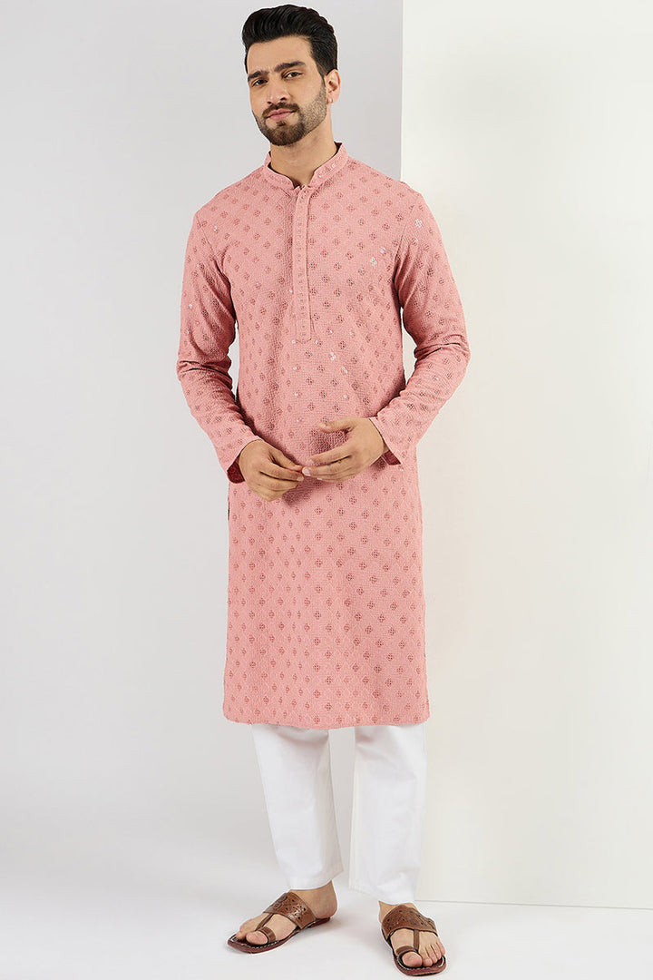 Pink Viscose Rayon Solid Embroidered Long Straight Kurta For Men | SHOBITAM