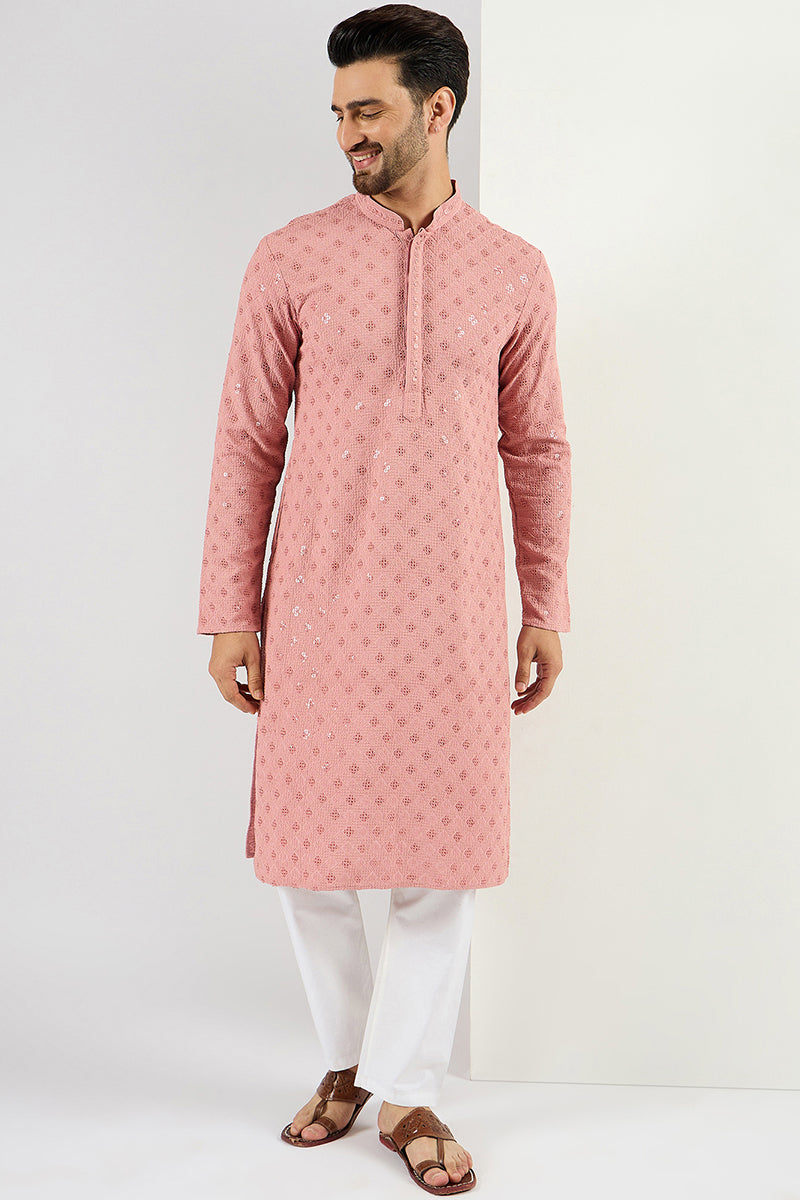 Pink Viscose Rayon Solid Embroidered Long Straight Kurta For Men | SHOBITAM