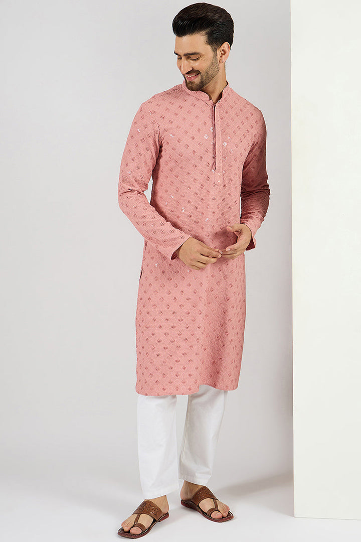 Pink Viscose Rayon Solid Embroidered Long Straight Kurta For Men | SHOBITAM
