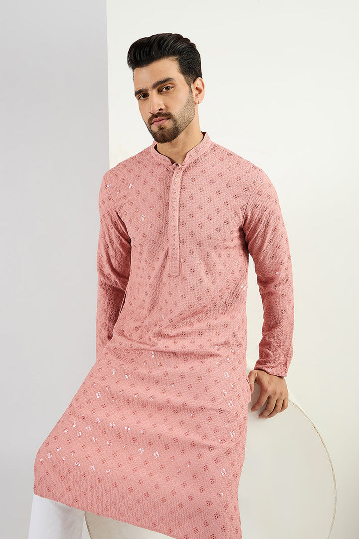 Pink Viscose Rayon Solid Embroidered Long Straight Kurta For Men | SHOBITAM