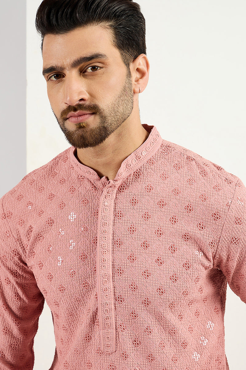 Pink Viscose Rayon Solid Embroidered Long Straight Kurta For Men | SHOBITAM