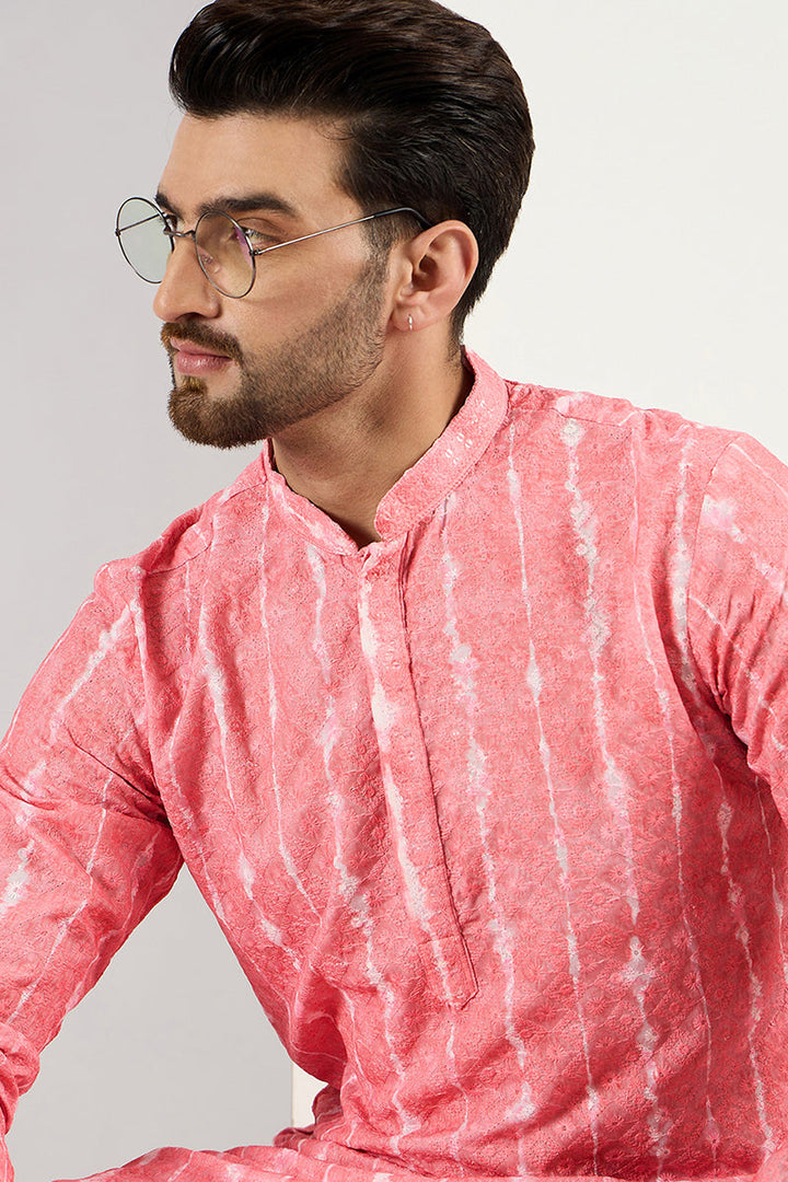 Men Peach Viscose Rayon Abstract Embroidered Chikankari Straight Kurta | SHOBITAM