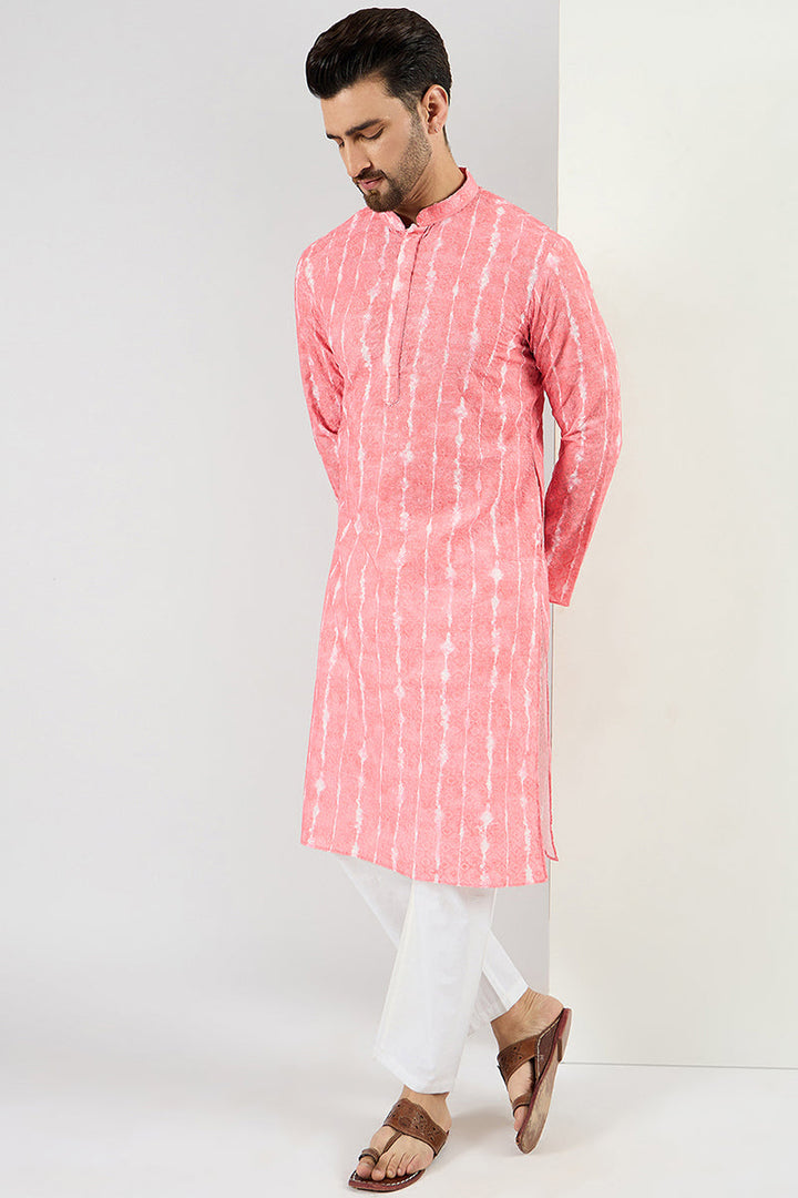 Men Peach Viscose Rayon Abstract Embroidered Chikankari Straight Kurta | SHOBITAM