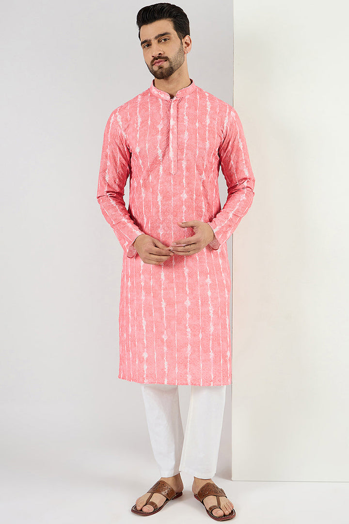 Men Peach Viscose Rayon Abstract Embroidered Chikankari Straight Kurta | SHOBITAM