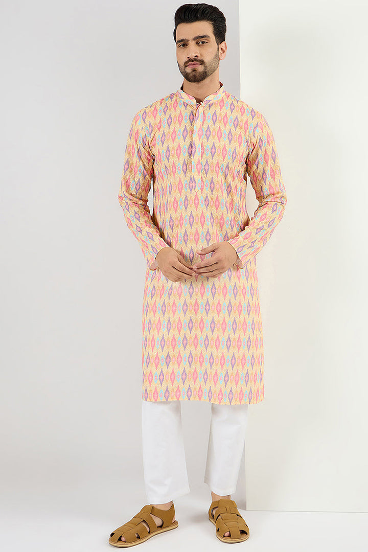 Men Yellow Viscose Rayon Abstract Embroidered Chikankari Straight Kurta | SHOBITAM