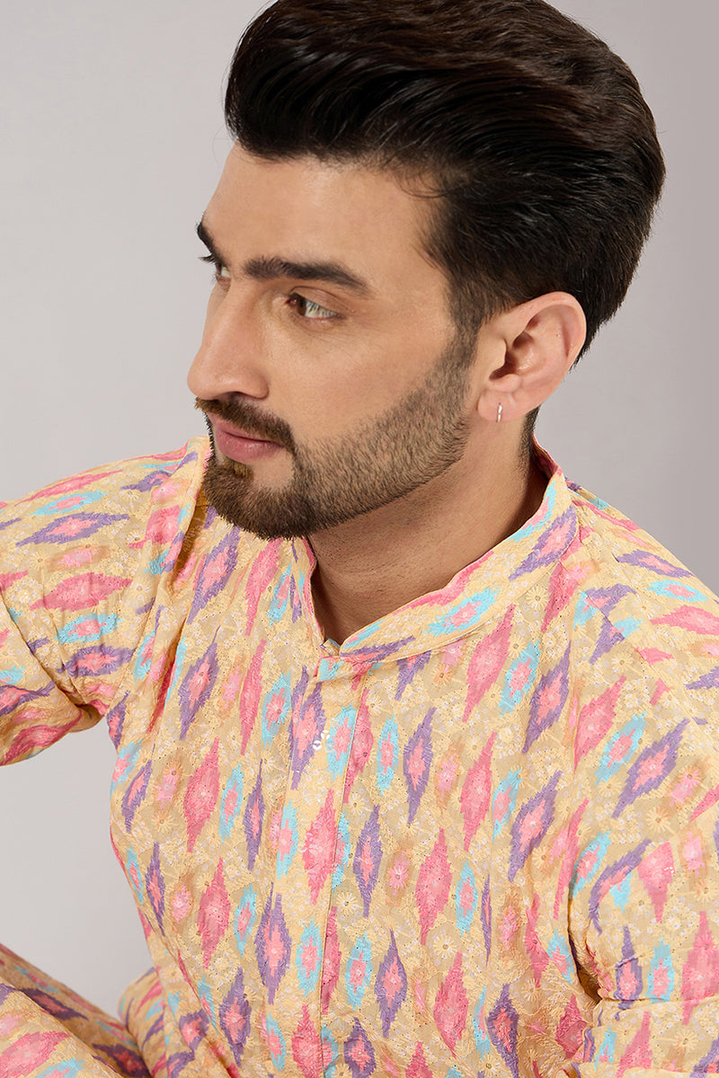 Men Yellow Viscose Rayon Abstract Embroidered Chikankari Straight Kurta | SHOBITAM