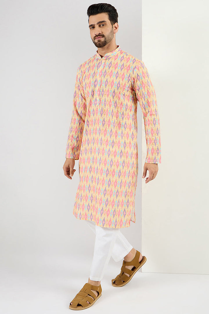 Men Yellow Viscose Rayon Abstract Embroidered Chikankari Straight Kurta | SHOBITAM