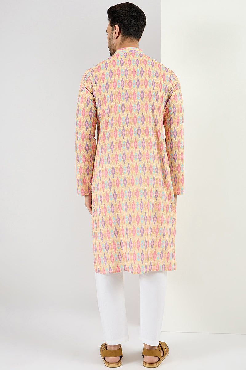 Men Yellow Viscose Rayon Abstract Embroidered Chikankari Straight Kurta | SHOBITAM