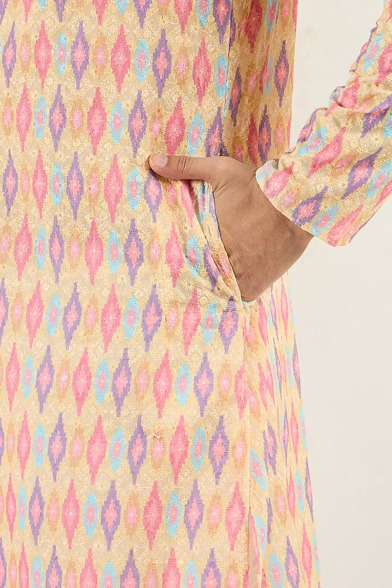 Men Yellow Viscose Rayon Abstract Embroidered Chikankari Straight Kurta | SHOBITAM