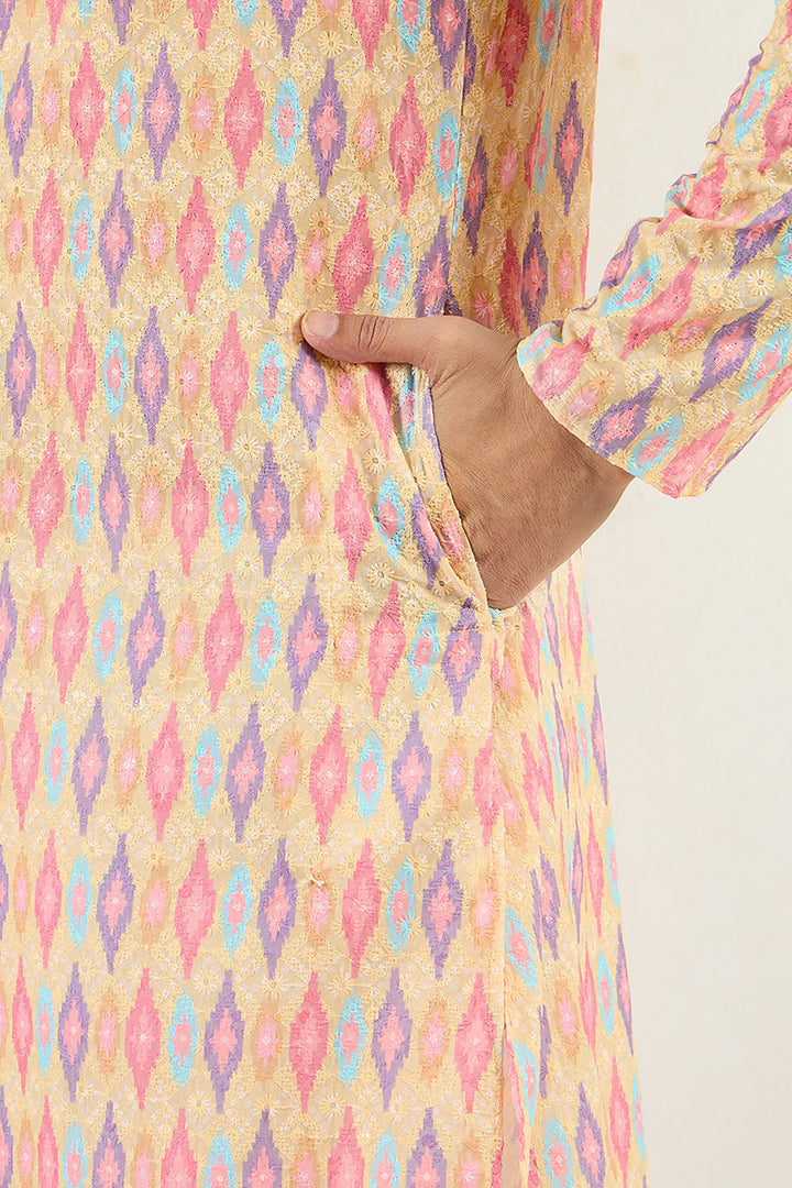 Men Yellow Viscose Rayon Abstract Embroidered Chikankari Straight Kurta | SHOBITAM