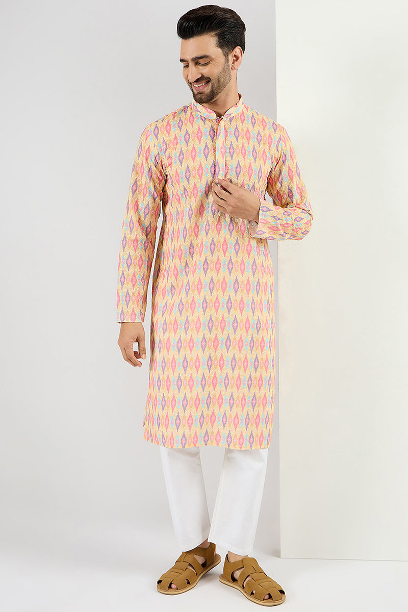 Men Yellow Viscose Rayon Abstract Embroidered Chikankari Straight Kurta | SHOBITAM