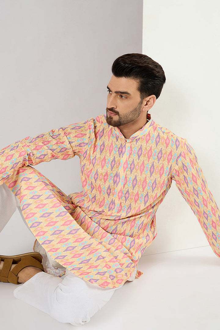Men Yellow Viscose Rayon Abstract Embroidered Chikankari Straight Kurta | SHOBITAM