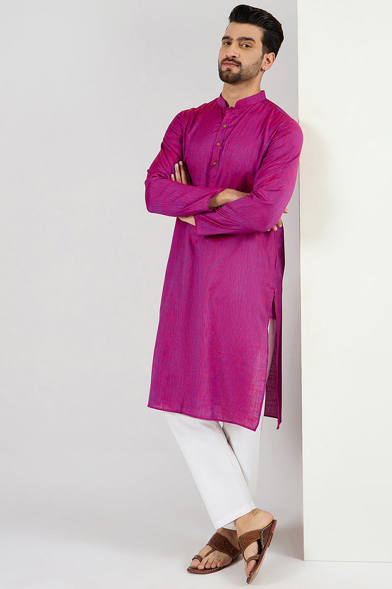 Men Pink Cotton Solid Woven Design Straight Kurta | SHOBITAM