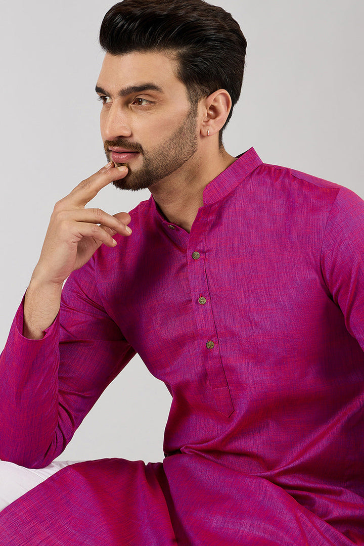Men Pink Cotton Solid Woven Design Straight Kurta | SHOBITAM