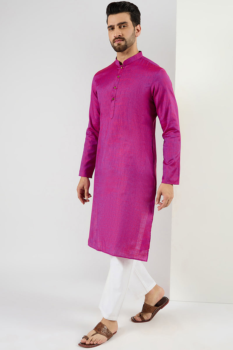 Men Pink Cotton Solid Woven Design Straight Kurta | SHOBITAM