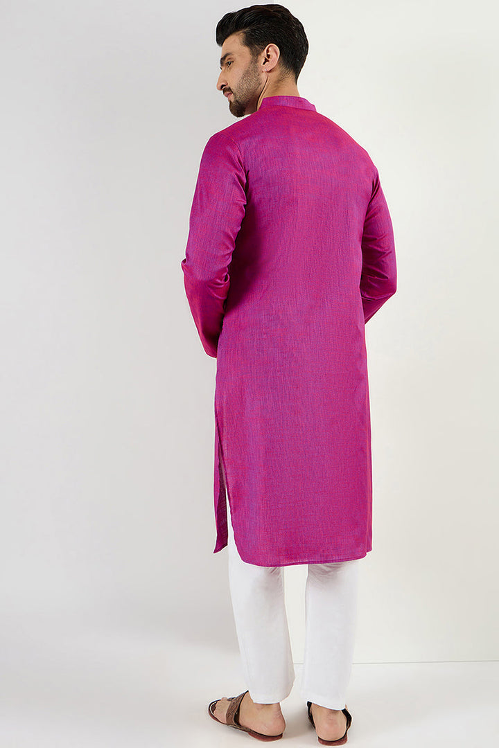 Men Pink Cotton Solid Woven Design Straight Kurta | SHOBITAM