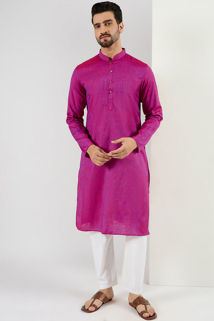 Men Pink Cotton Solid Woven Design Straight Kurta | SHOBITAM