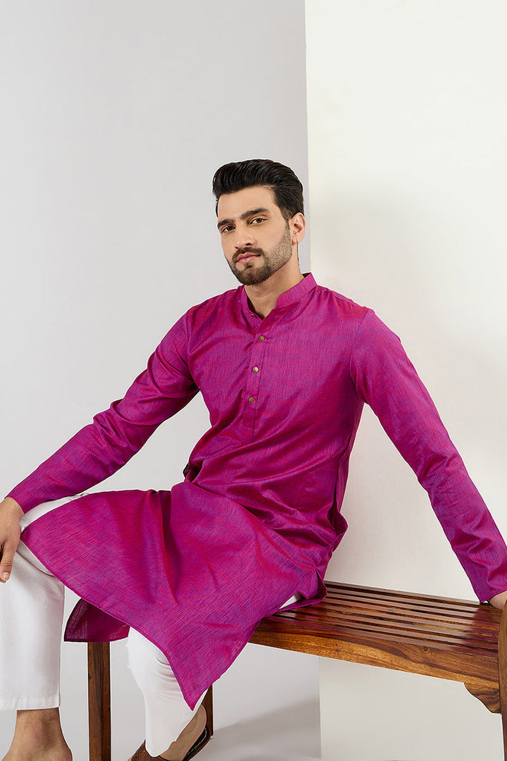Men Pink Cotton Solid Woven Design Straight Kurta | SHOBITAM
