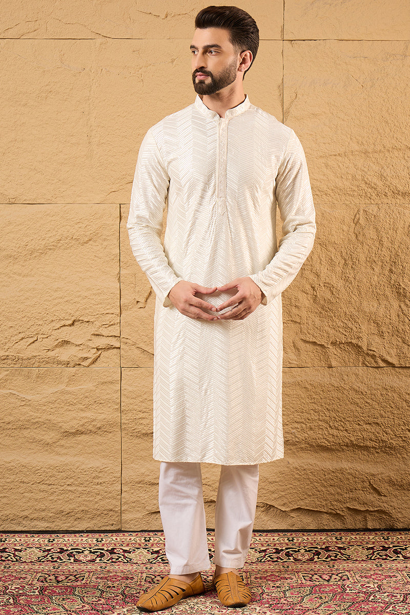 Off White Viscose Rayon Chevron Embroidered Straight Kurta  | SHOBITAM