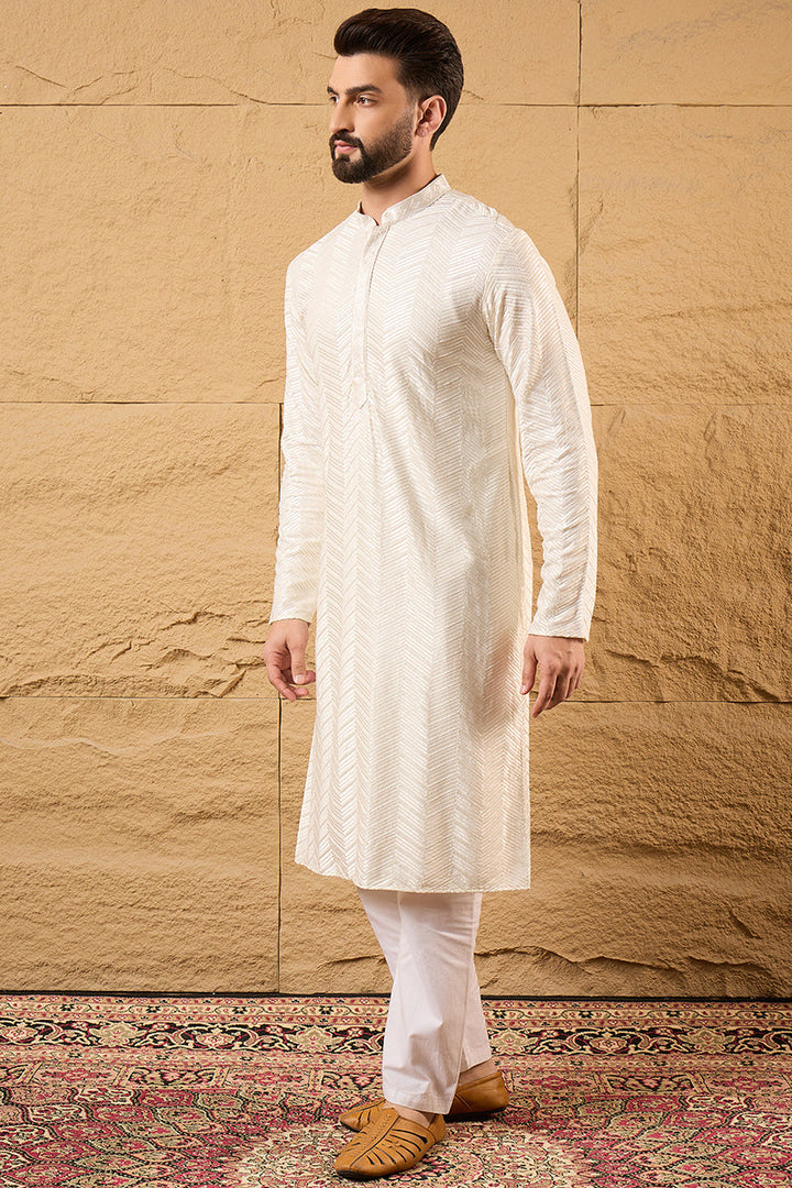Off White Viscose Rayon Chevron Embroidered Straight Kurta  | SHOBITAM