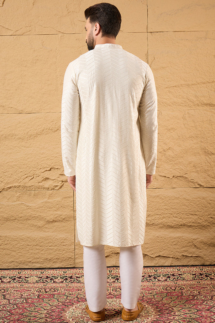 Off White Viscose Rayon Chevron Embroidered Straight Kurta  | SHOBITAM