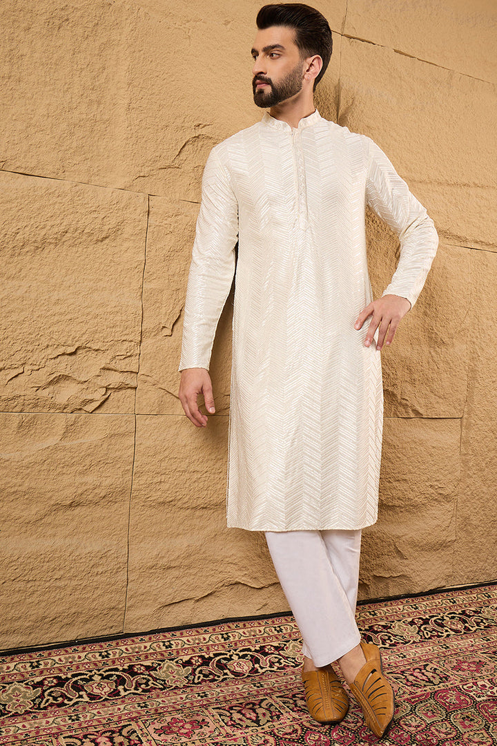 Off White Viscose Rayon Chevron Embroidered Straight Kurta  | SHOBITAM