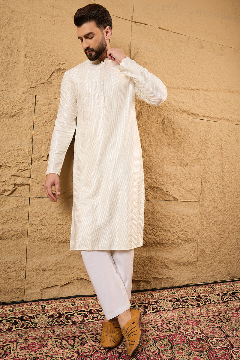 Off White Viscose Rayon Chevron Embroidered Straight Kurta  | SHOBITAM