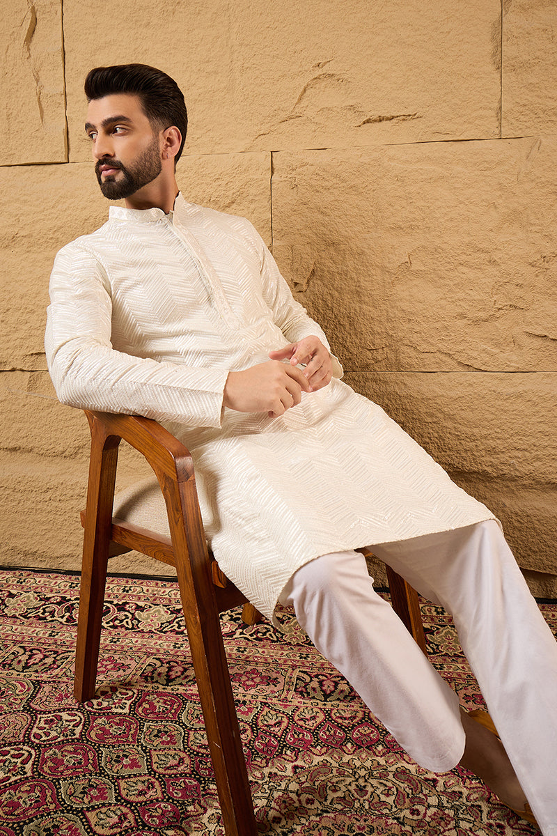 Off White Viscose Rayon Chevron Embroidered Straight Kurta  | SHOBITAM